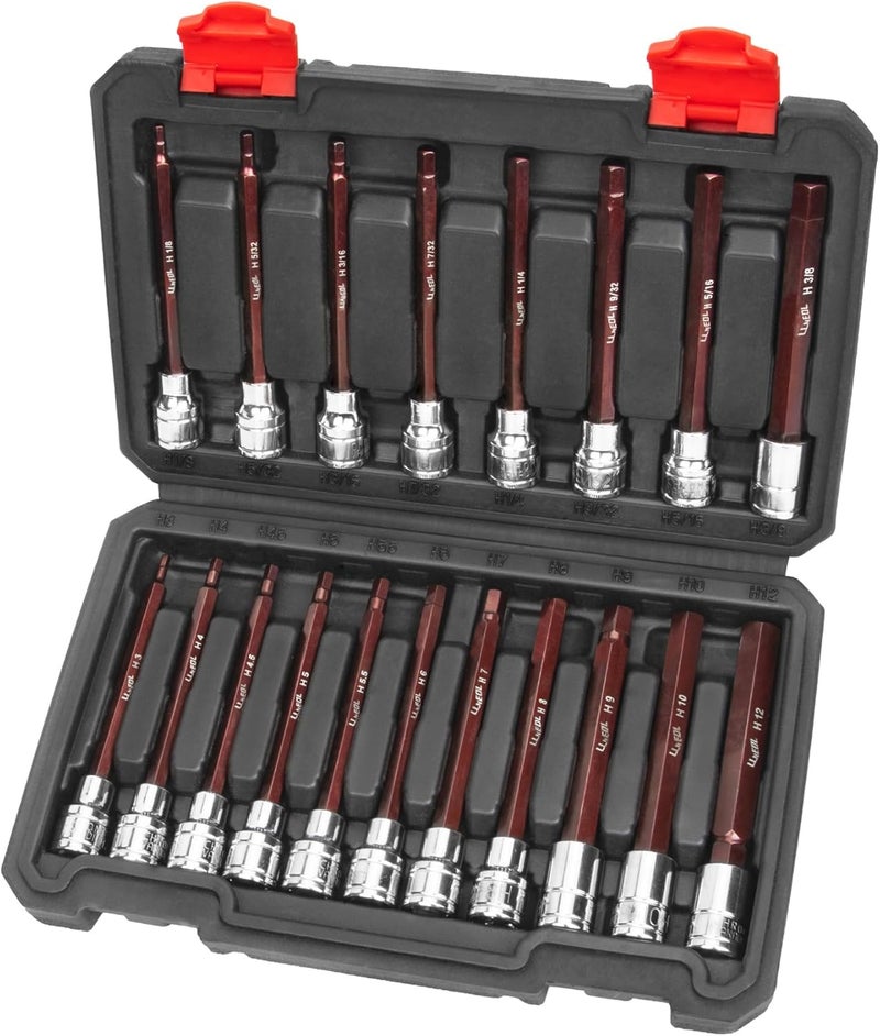 LLNEDL 3/8 Inch Drive Long Allen Hex Bit Socket Set, 19-Piece Hex Head Standard SAE & Metric Sockets (1/8"-3/8", 3-12mm), S2 Alloy Steel Durable Tools for Mechanics - Image 1